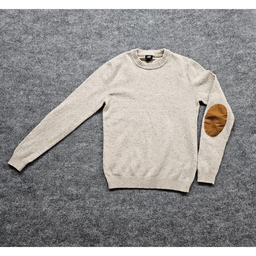 H&M Sweater Mens Small Wool Blend Knit Elbow Patches Crewneck Beige Cream Preppy